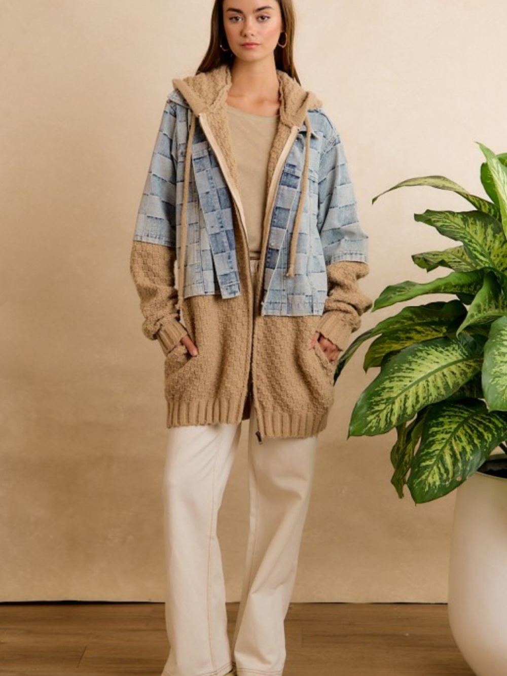 BiBi Denim Basket Weave with Attached Hooded Beige Sweater